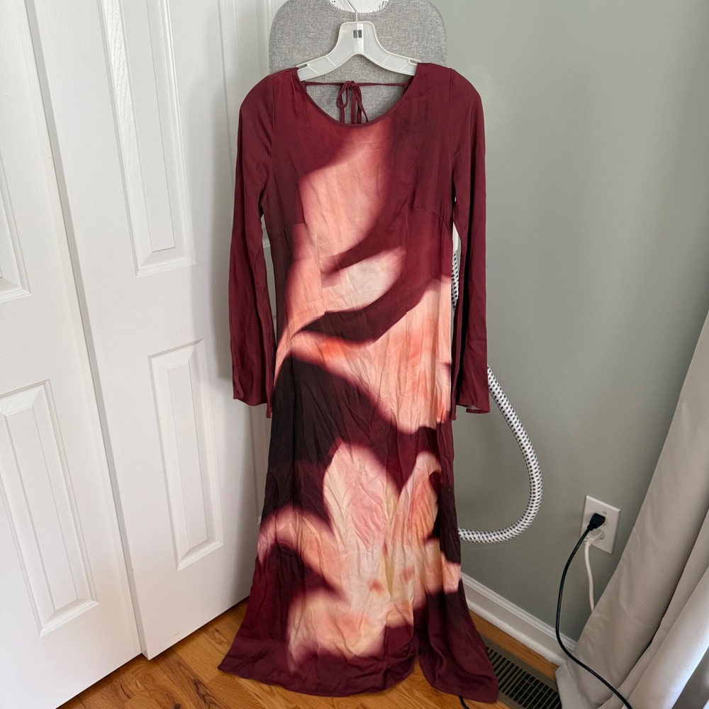 The Wolf Gang Maxi Dress Burgundy Abstract Ombre Viscose Tie Back Small